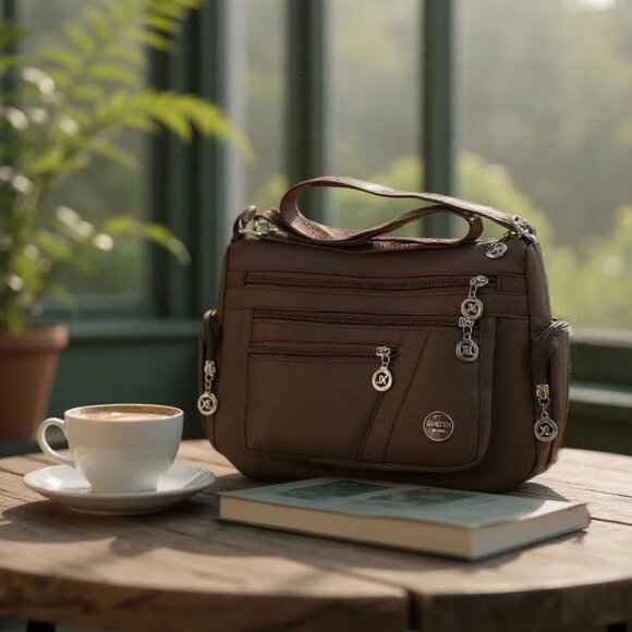 🆕️Waterproof Brown Nylon Crossbody Bag With 7 Zippered Pockets Travel Ready - Picture 1 of 12